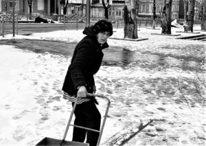 A woman pushing a cart in the snow.