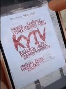 A poster with the words " putin house " written in red.