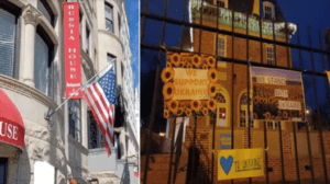 A collage of photos with buildings and flags.