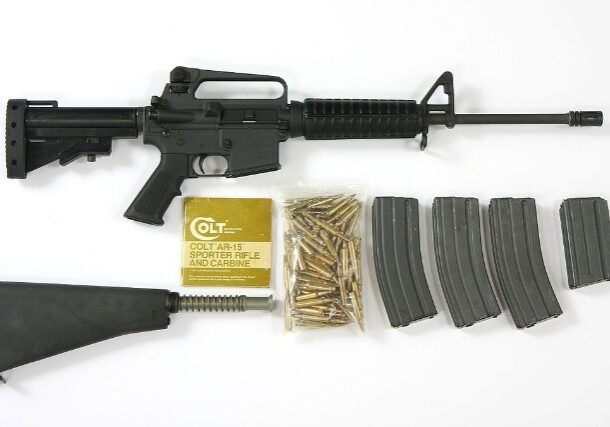 A rifle, ammunition and a magazine are shown.