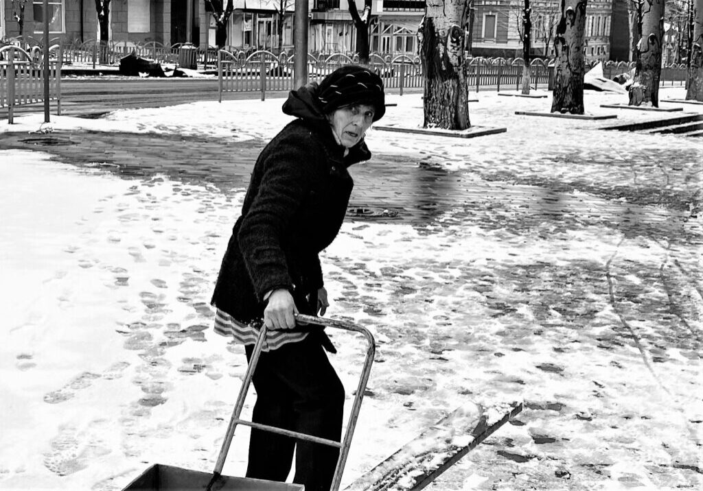 A woman pushing a cart in the snow.