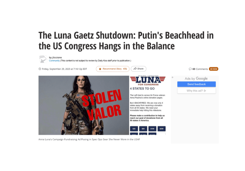 A picture of the luna gaetz shutdown is posted on a news site.