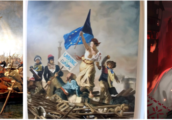 A painting of people holding flags and standing on rubble.