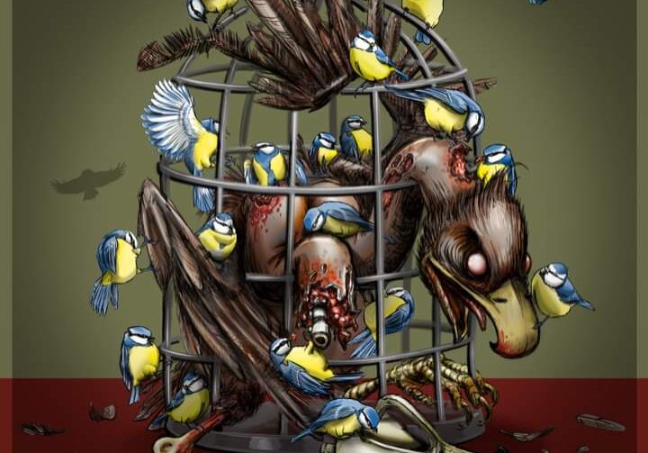 A cage with many birds inside of it