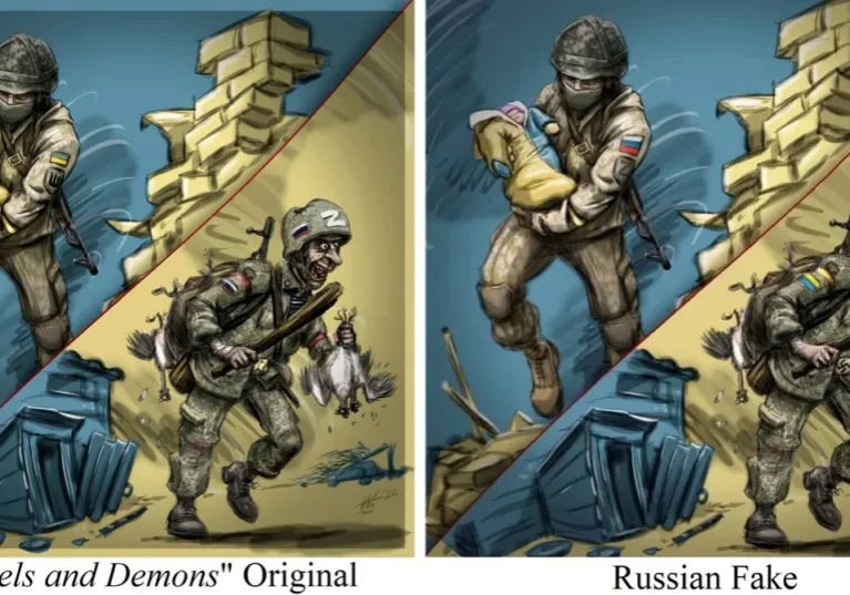 A painting of two different soldiers in action.